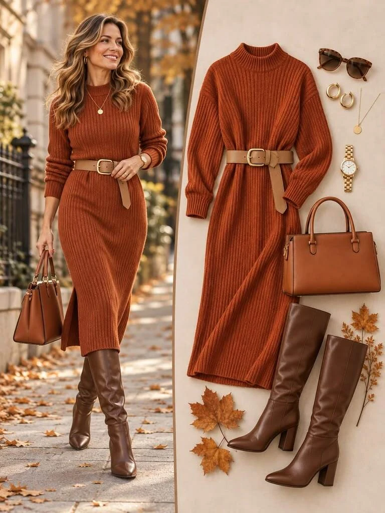 Идеальная формула на осень: трикотажное платье + высокие сапоги 🍁✨