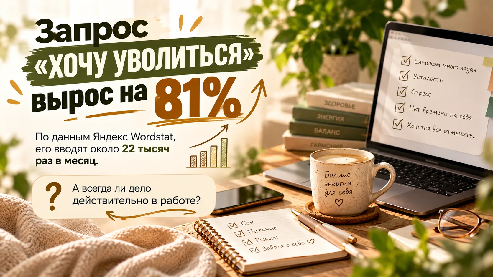 ⚡️ По данным анализа "Яндекс Вордстат" спрос желающих «хочу уволиться» вырос на 81%