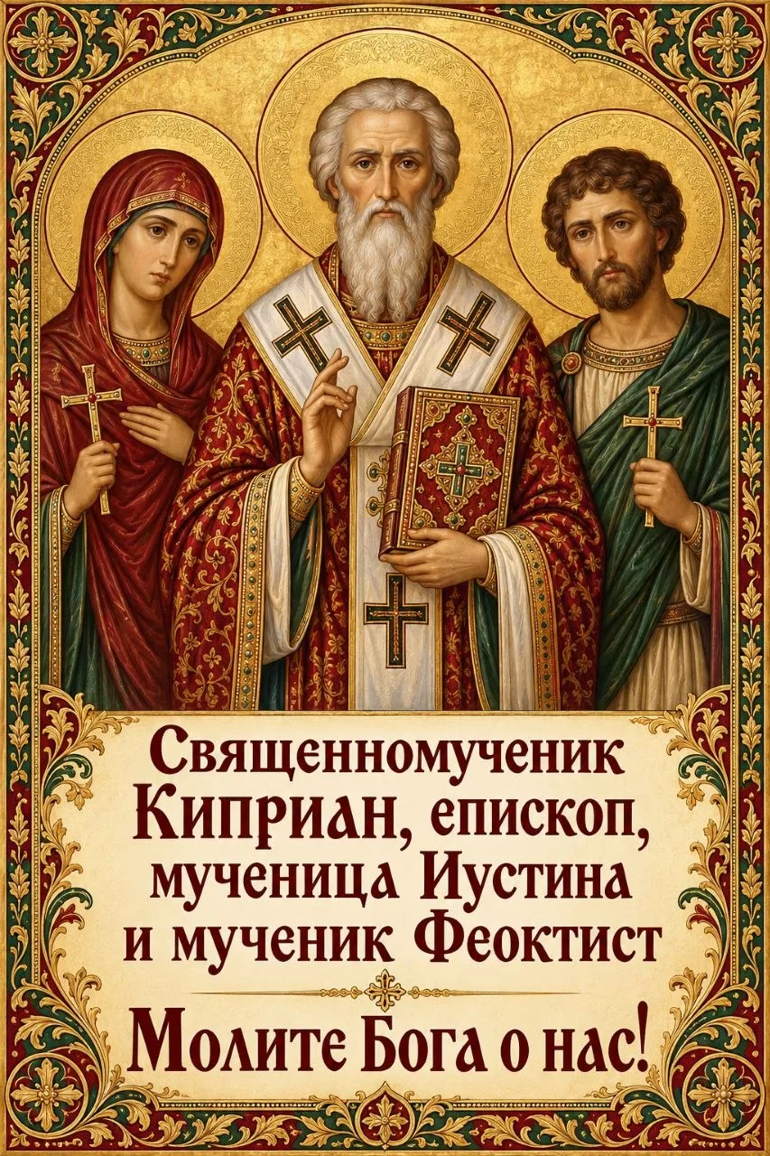 Священномученик Киприан, епископ , Мученица Иустина и мученик Феоктист.