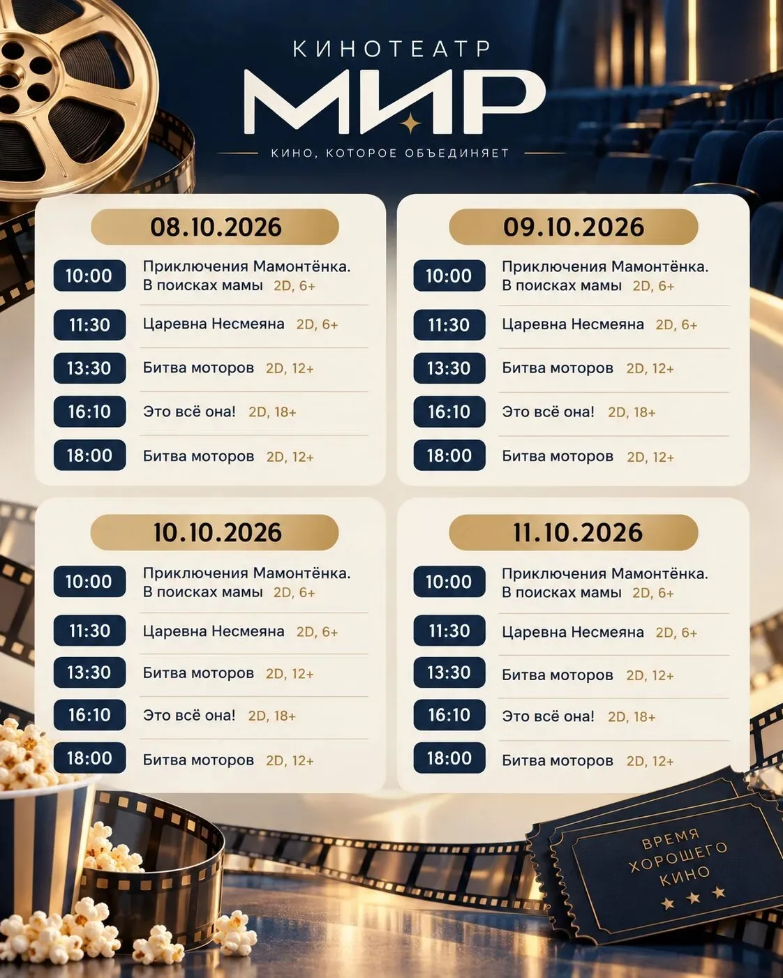 🎬 СВЕЖЕЕ РАСПИСАНИЕ И ОТЛИЧНАЯ НОВОСТЬ В КИНОТЕАТРЕ «МИР»! 🍿