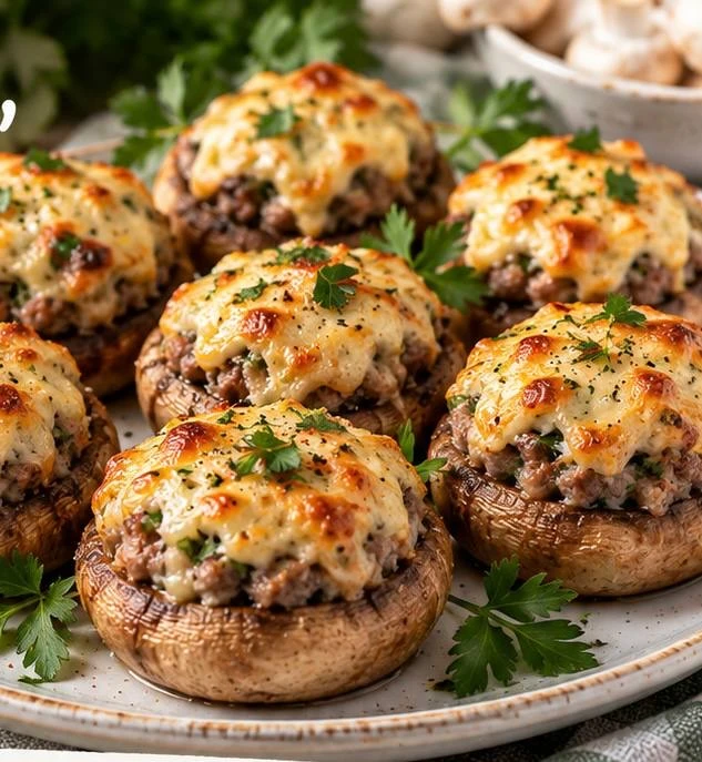 Шампиньоны, фаршированные фаршем, под сырной шапочкой.