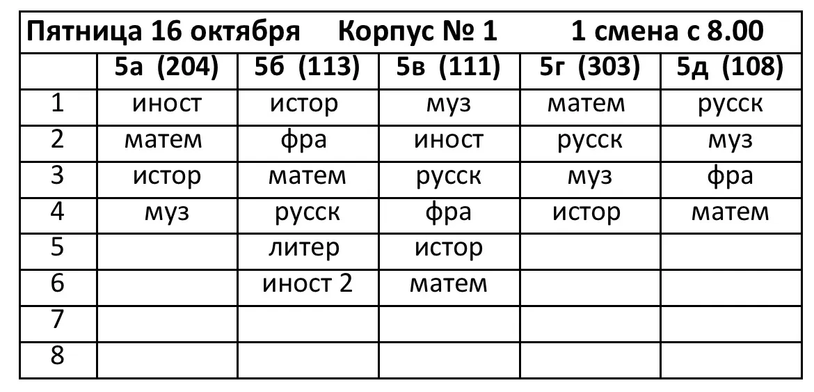 Расписание на пятницу, 16 октября