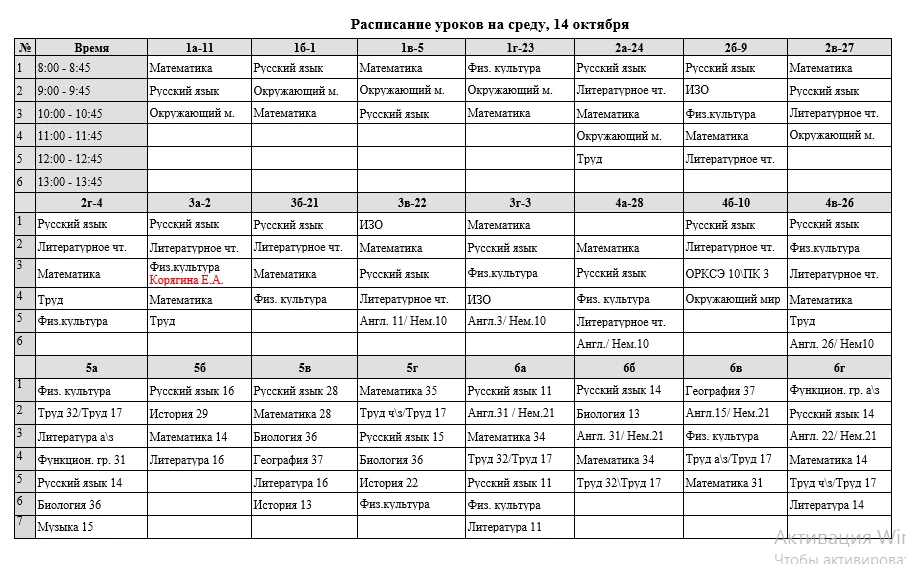 Расписание уроков на среду, 13 октября, с изменениями основного расписания, в связи с п...