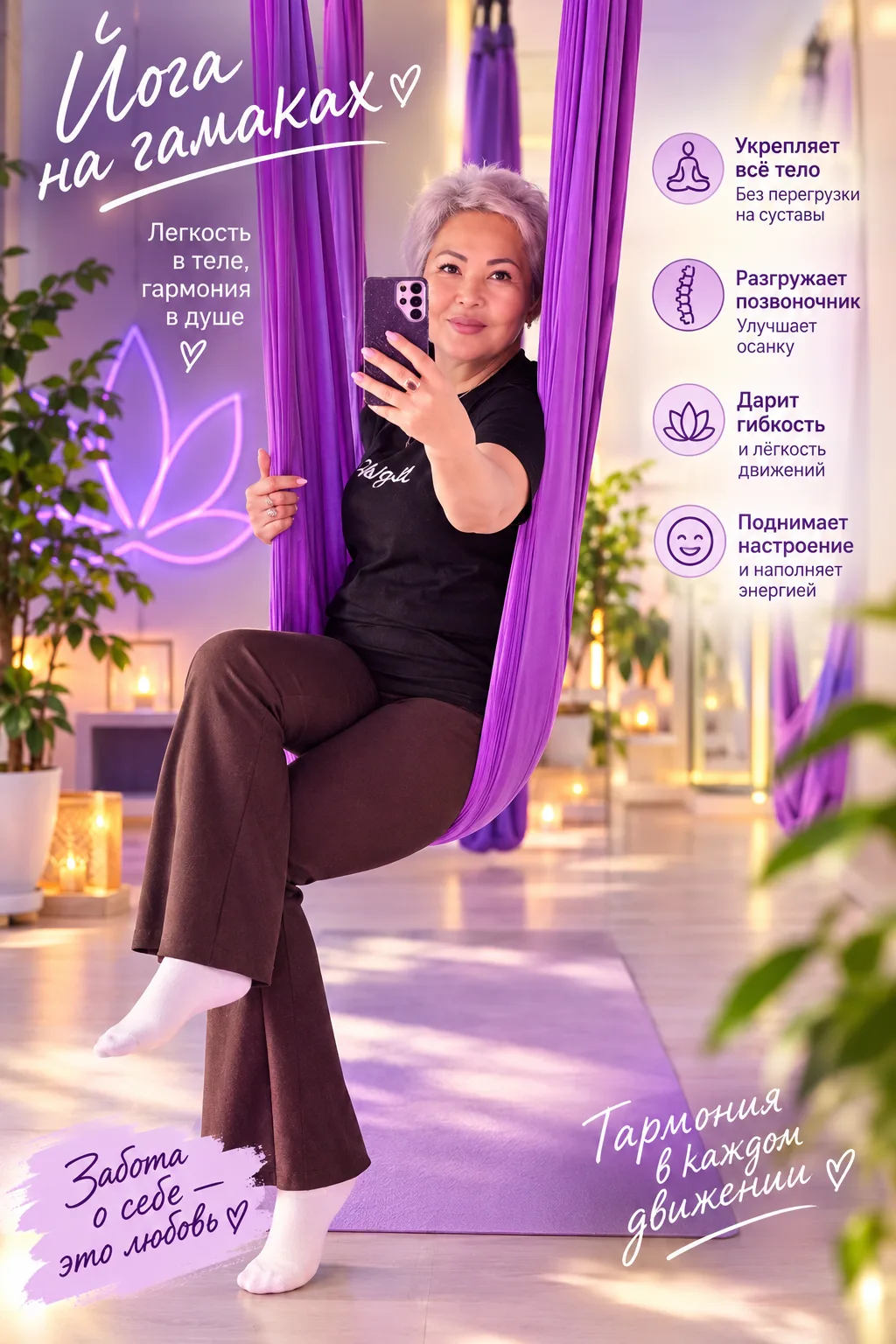💜 Сегодня я побывала в студии растяжки на йоге в гамаках! 🧘‍♀️✨