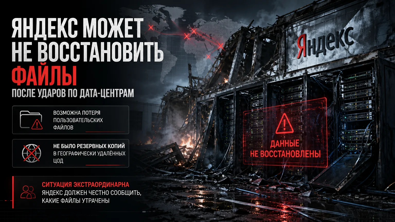 ⚠️ «Яндекс» может не восстановить файлы после ударов по дата-центрам