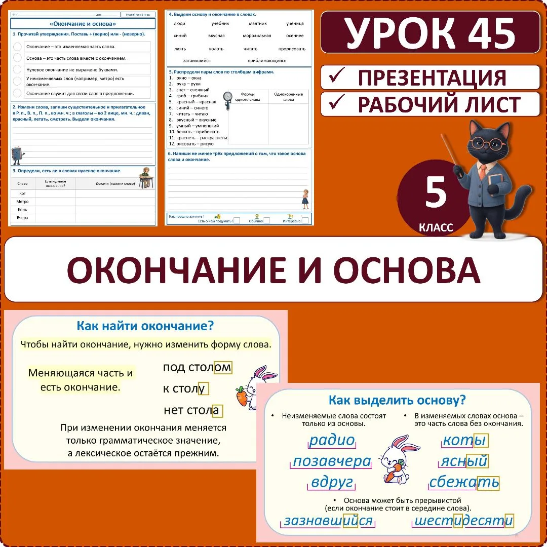 Комплект по русскому языку «Окончание и основа», 5 класс