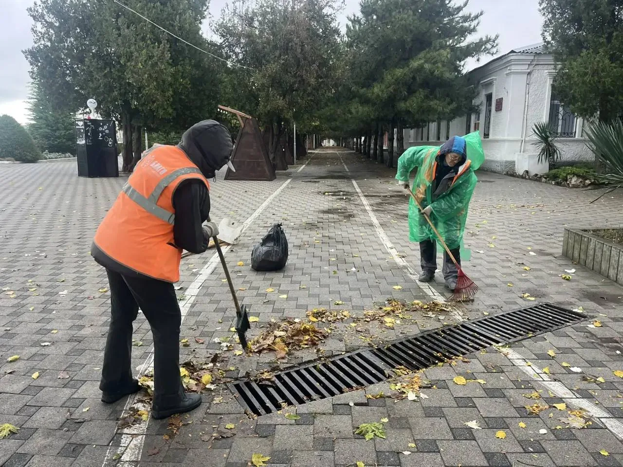 Сотрудники МБУ Благоустройство после дождя убирают опавшую листву, чистят ливнеприемные...