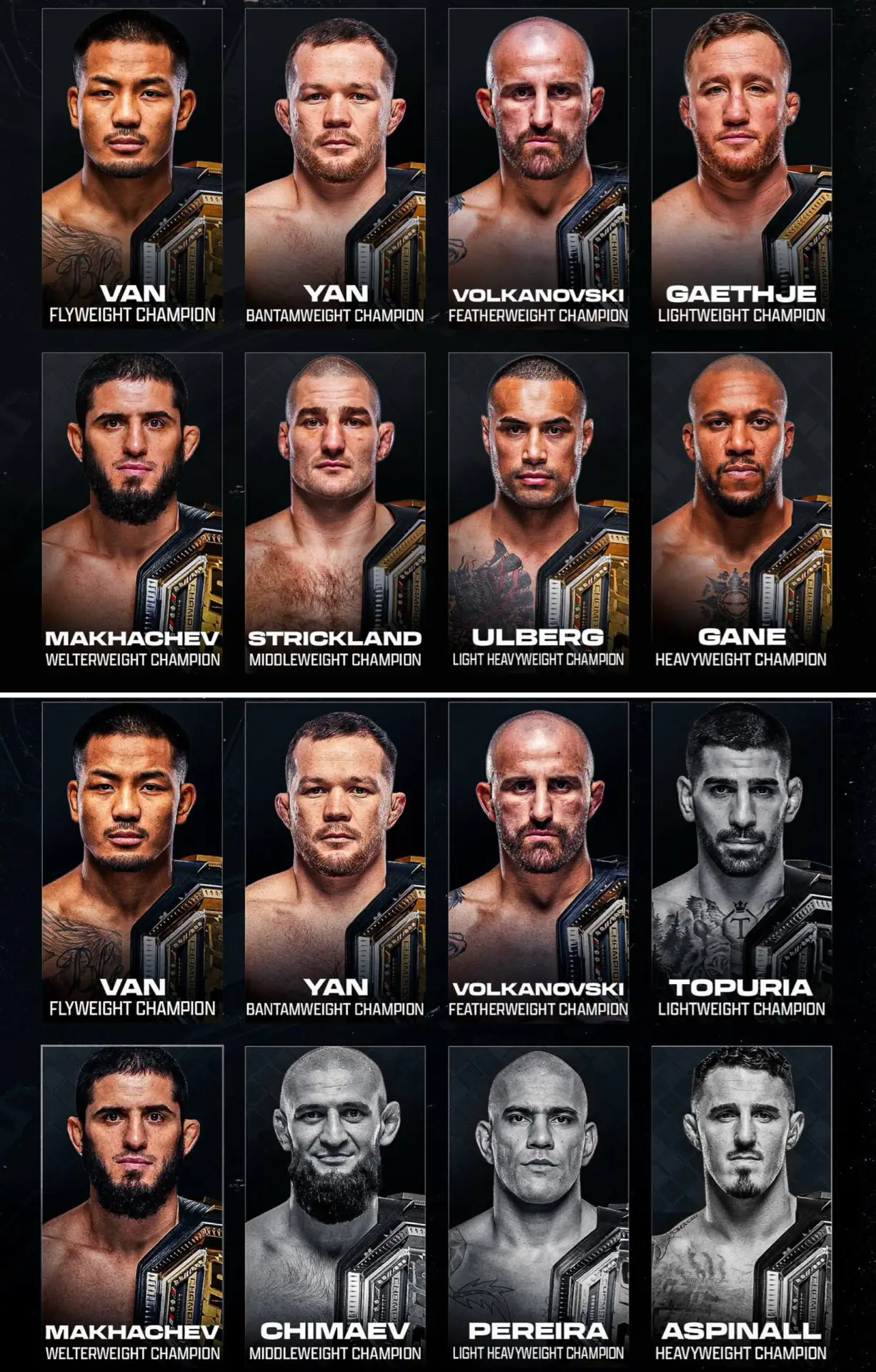 Действующие чемпионы UFC в начале и конце 2026 года.