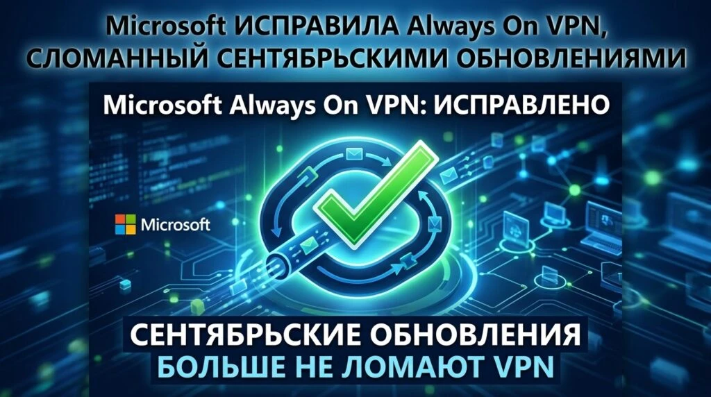 🪟 Microsoft исправила Always On VPN, сломанный сентябрьскими обновлениями
