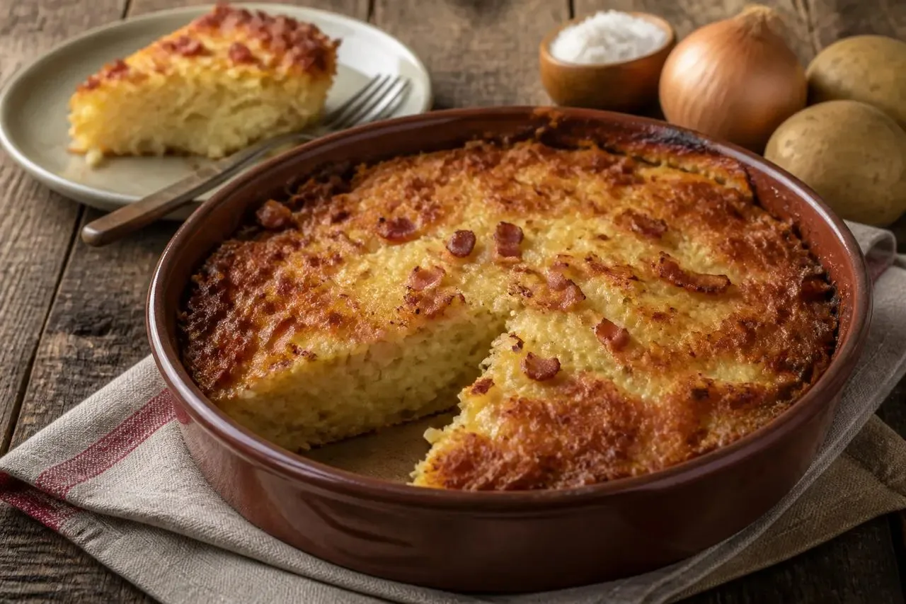 Картофельная бабка с беконом и луком — сытная запеканка, которая готовится в духовке и ...