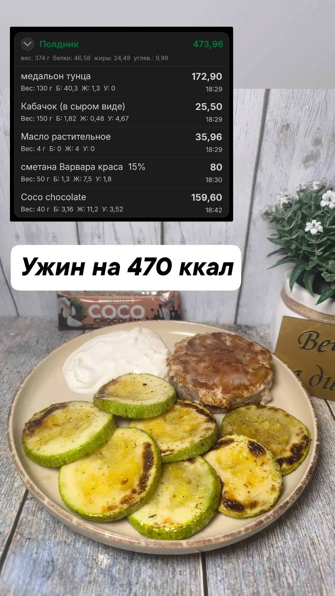 💢На ужин медальон из тунца и кабачки со сметаной. На десерт в этот раз жировой батончи...