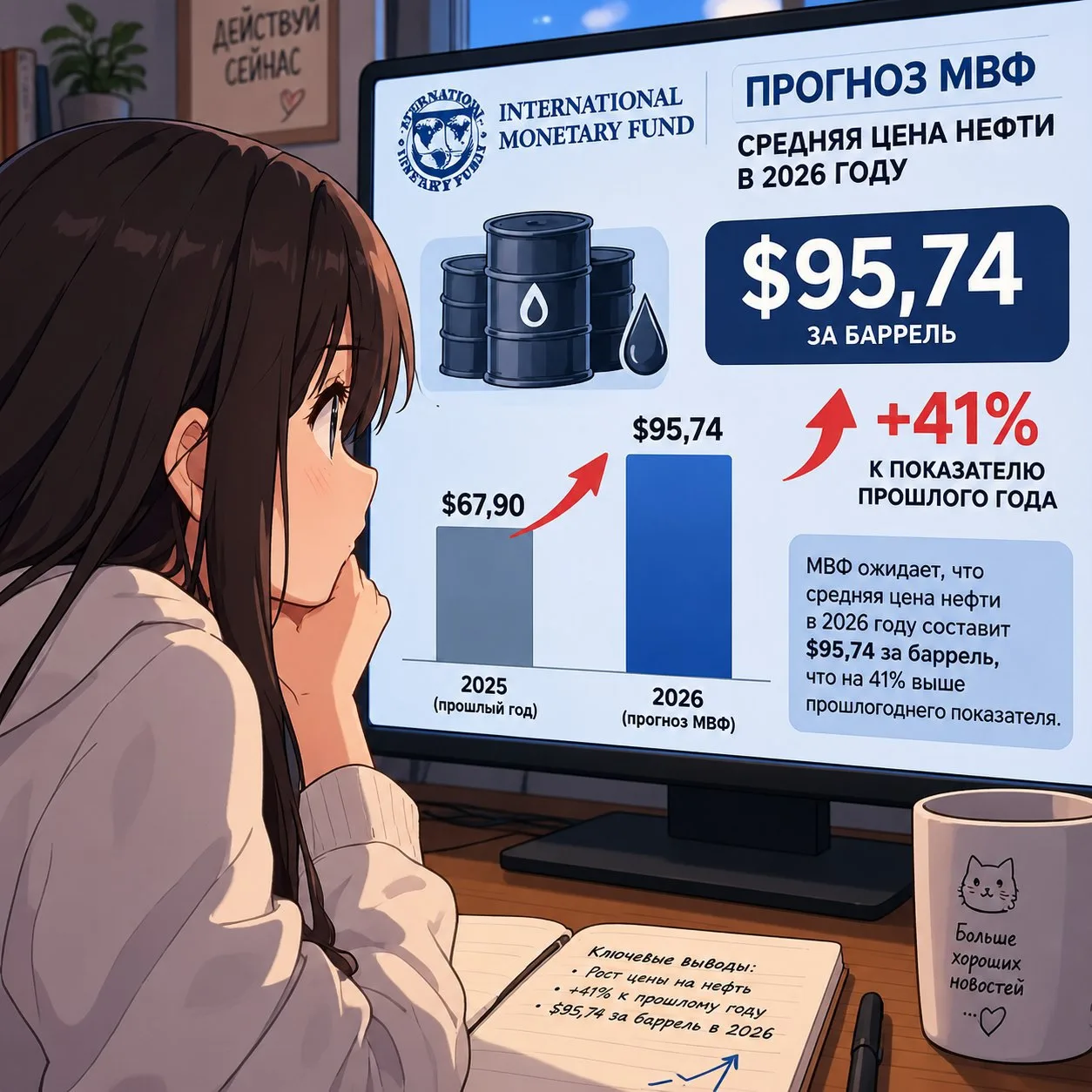 МВФ ожидает среднюю цену нефти в 2026 году на уровне $95,74 за баррель, что на 41% выше...