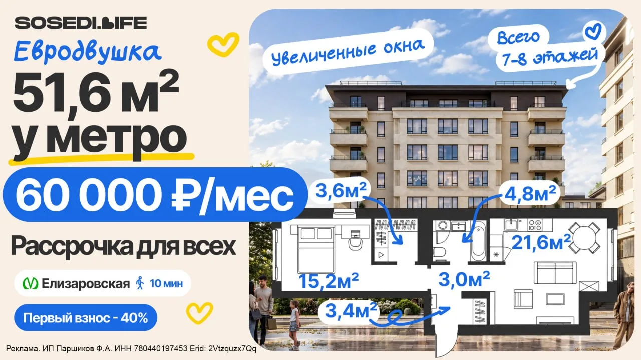 51,6 М² У МЕТРО — С ПЛАТЕЖОМ 60 000 ₽/МЕС 😍
