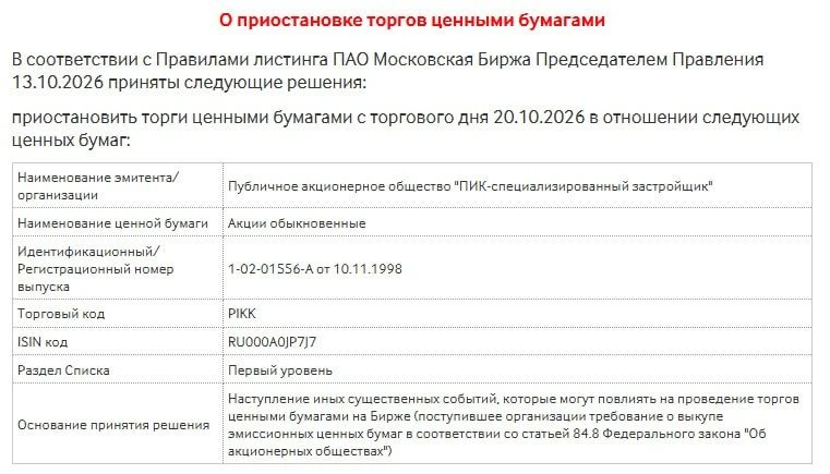Московская биржа объявила, что с 20 октября приостановит торги акциями ПИК в связи с пр...