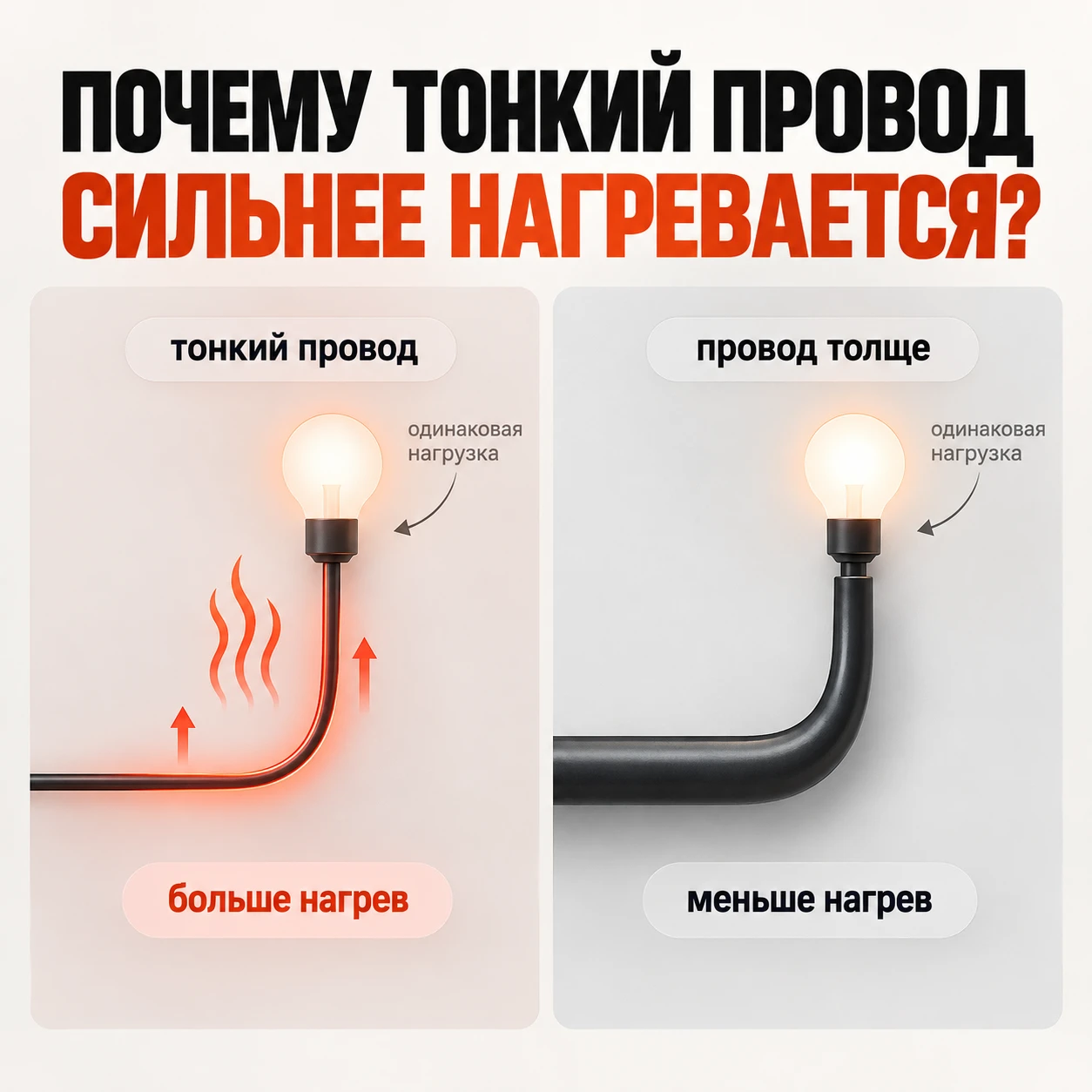 Почему тонкий провод сильнее нагревается при той же нагрузке?