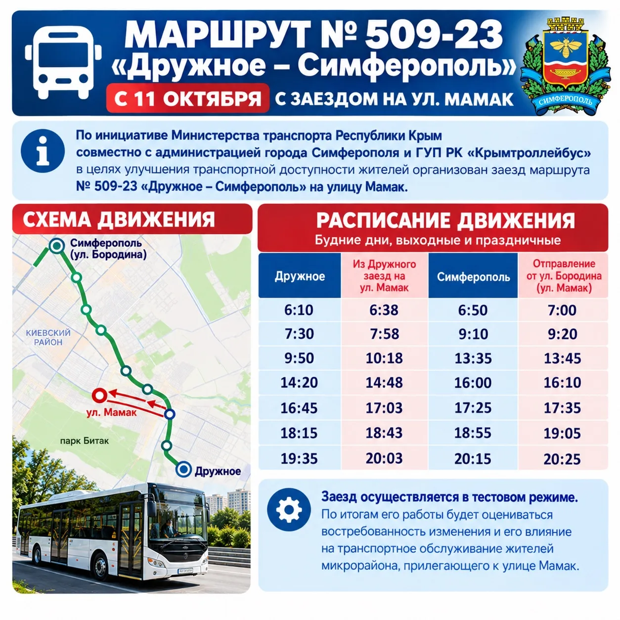 С 11 октября маршрут № 509-23 «Дружное — Симферополь» будет заезжать на улицу Мамак