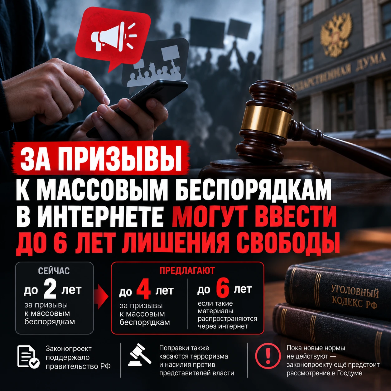 ⚡️ За призывы к массовым беспорядкам в интернете предлагают до 6 лет лишения свободы