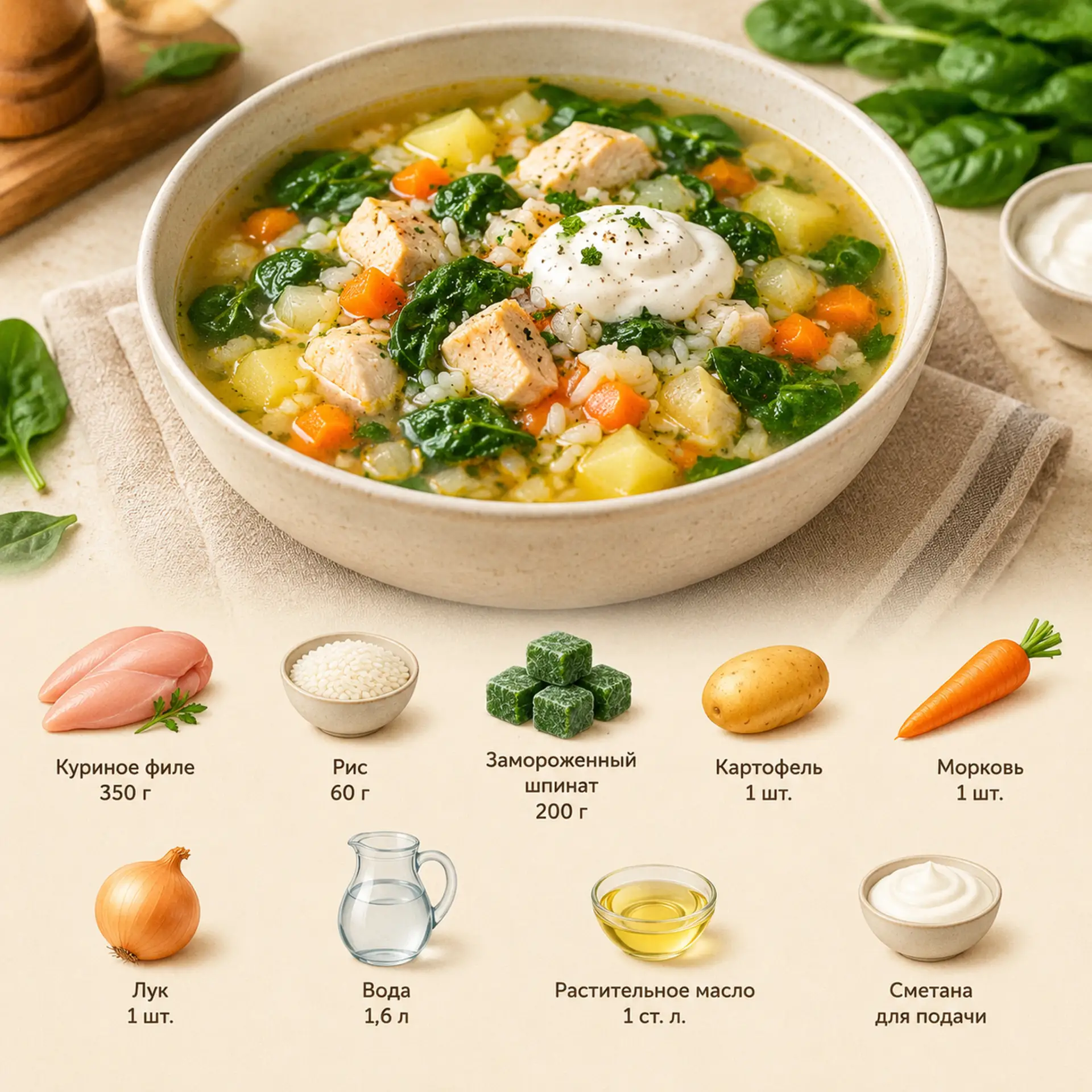 Суп с курицей, шпинатом и рисом 🤤
