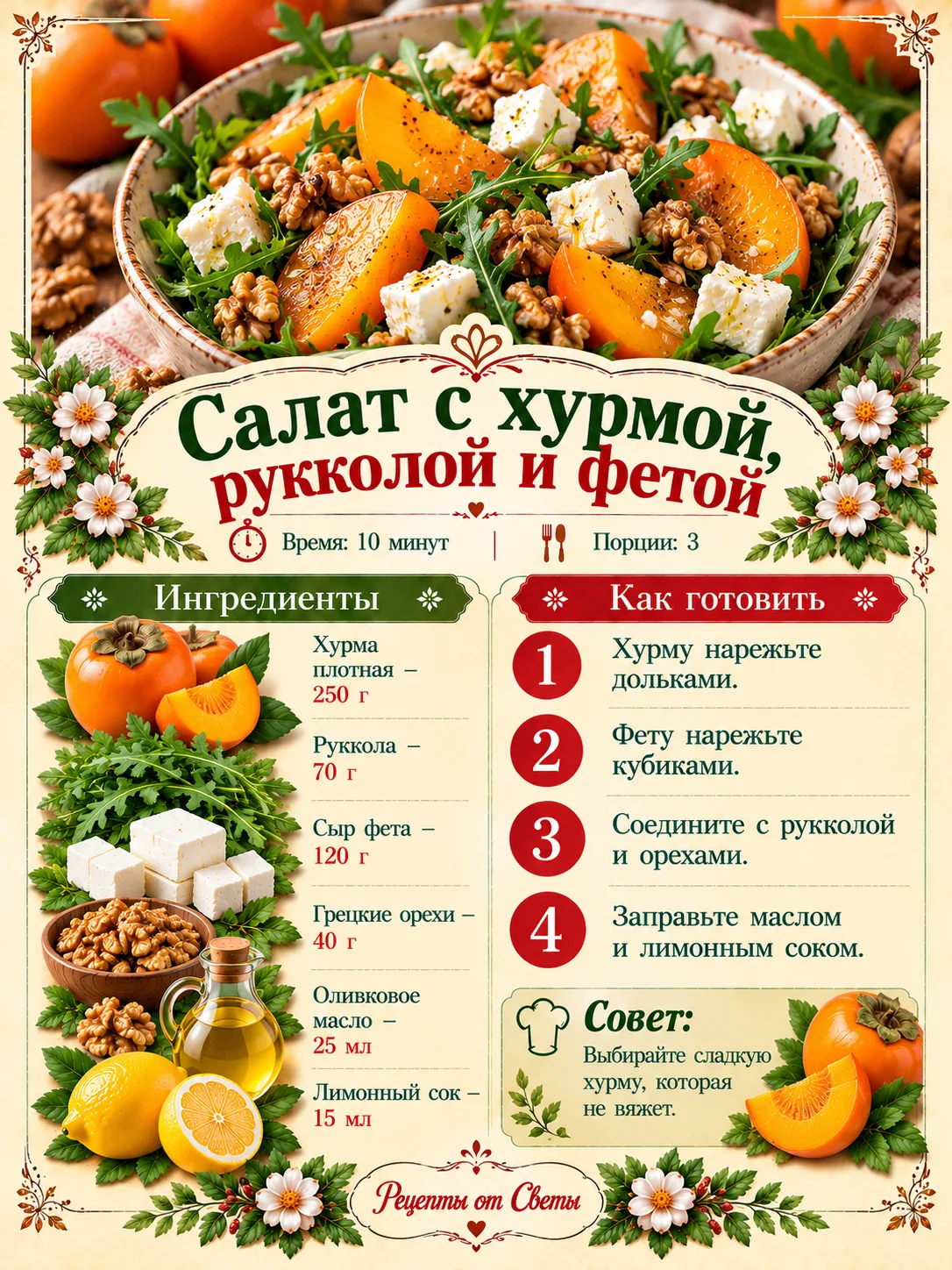 🥗 Салат с хурмой, рукколой и фетой, где сладкое встречается с солёненьким и получается...