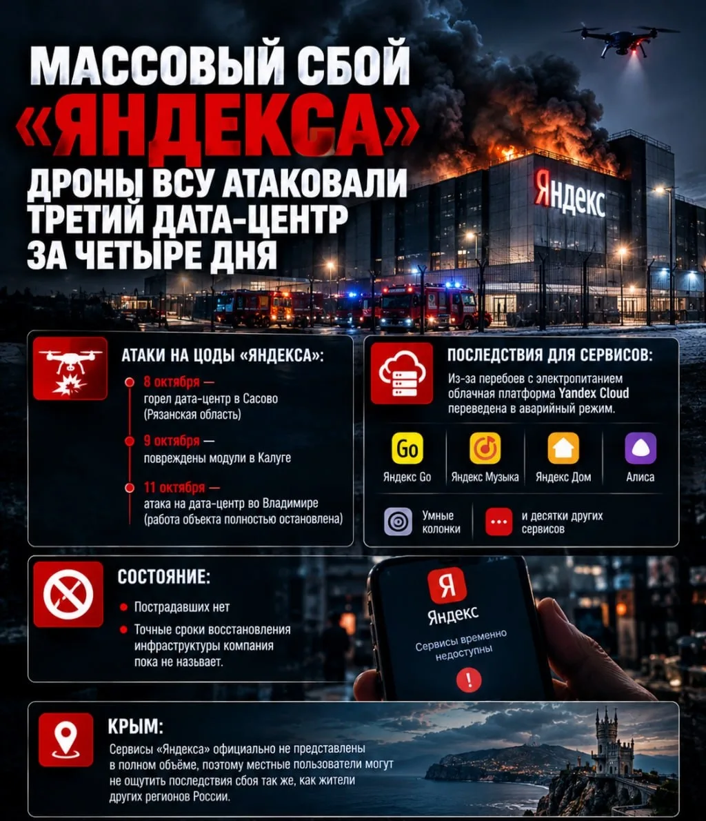 Массовый сбой «Яндекса»: дроны ВСУ атаковали третий дата-центр за четыре дня