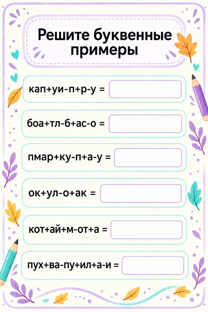 Решите буквенные примеры. Выполняйте действия с буквами по порядку, а затем переставьте...