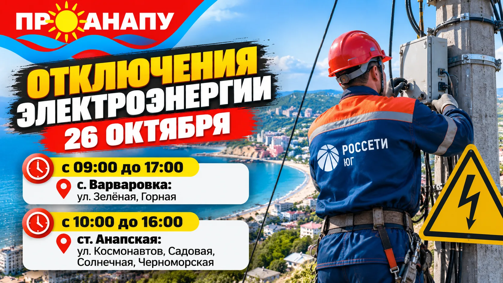 26 октября в Анапе и пригороде возможны временные отключения электроэнергии