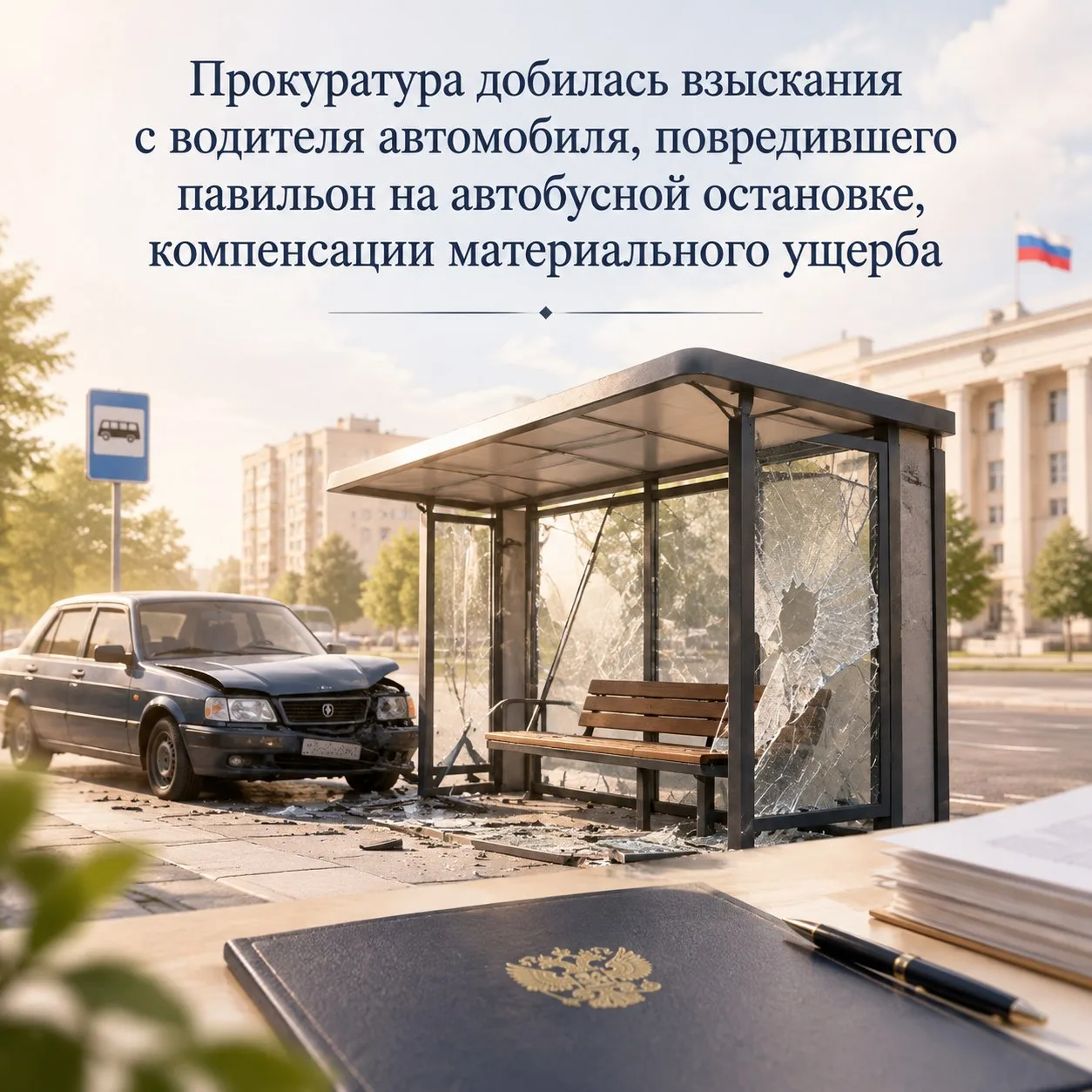 ✒Прокуратура добилась взыскания с водителя автомобиля, повредившего павильон на автобус...