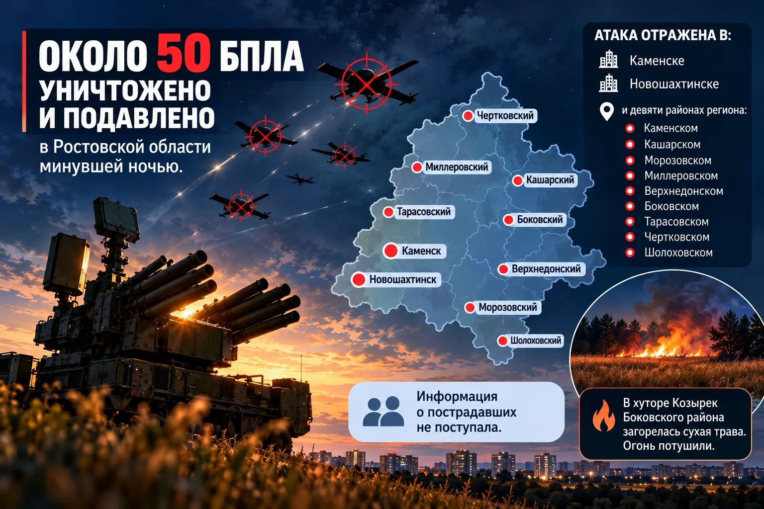 🚨Около 50 БПЛА уничтожено и подавлено в Ростовской области минувшей ночью.