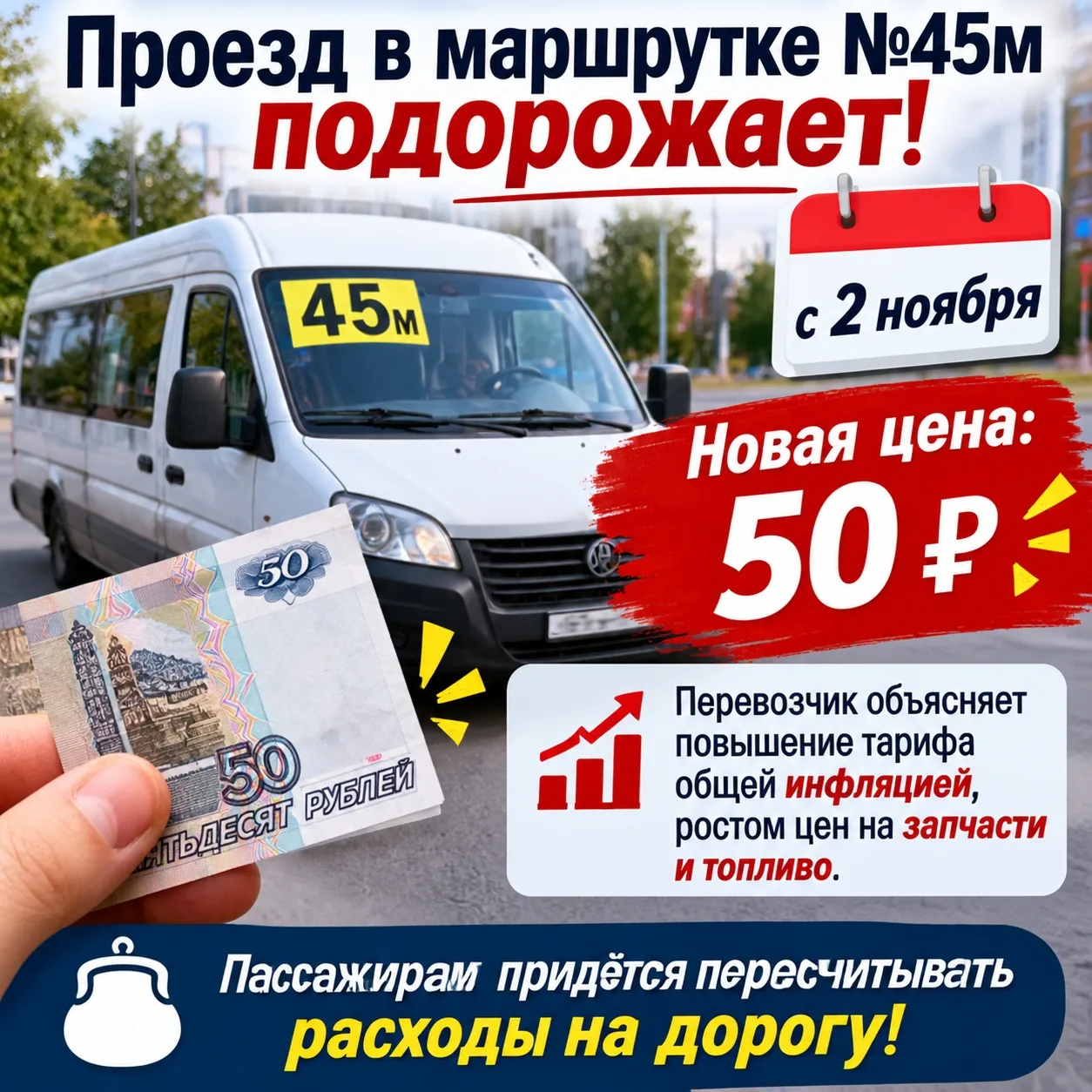 💸 Проезд в маршрутке №45м подорожает до 50 рублей!