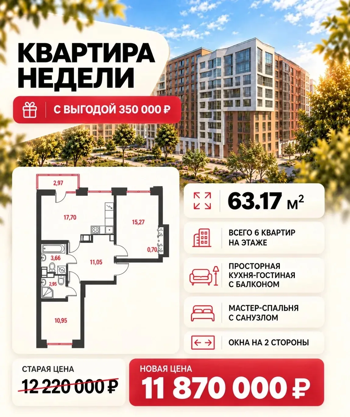 ￼❤️‍🔥 3Е-КОМНАТНАЯ КВАРТИРА недели с ВЫГОДОЙ 350 000 ₽