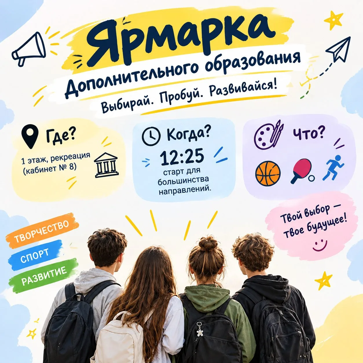 Завтра — Ярмарка дополнительного образования! Выбери кружок или секцию по душе. Не нрав...