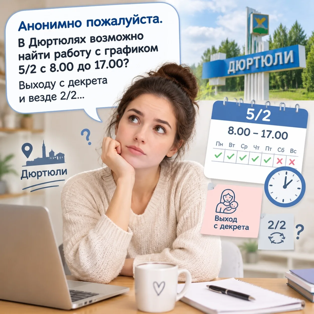 1. Анонимно пожалуйста. В Дюртюлях возможно найти работу с графиком 5/2 с 8.00 до 17.00...
