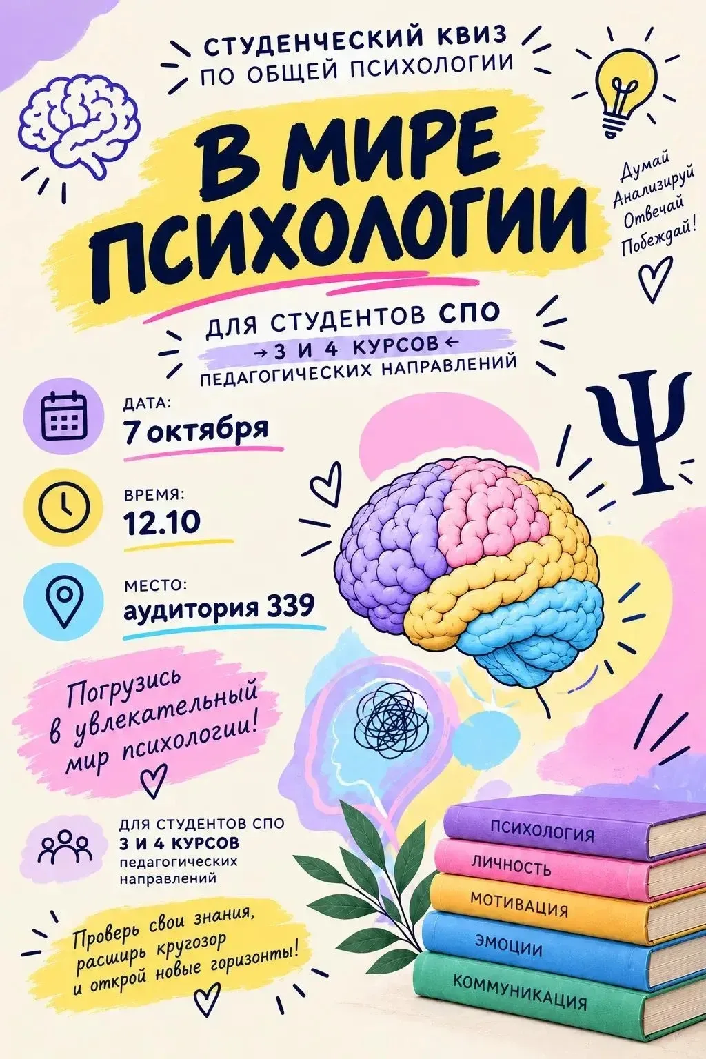 📣 Завтра в 12:10 ч. - студенческий квиз «В мире психологии»!