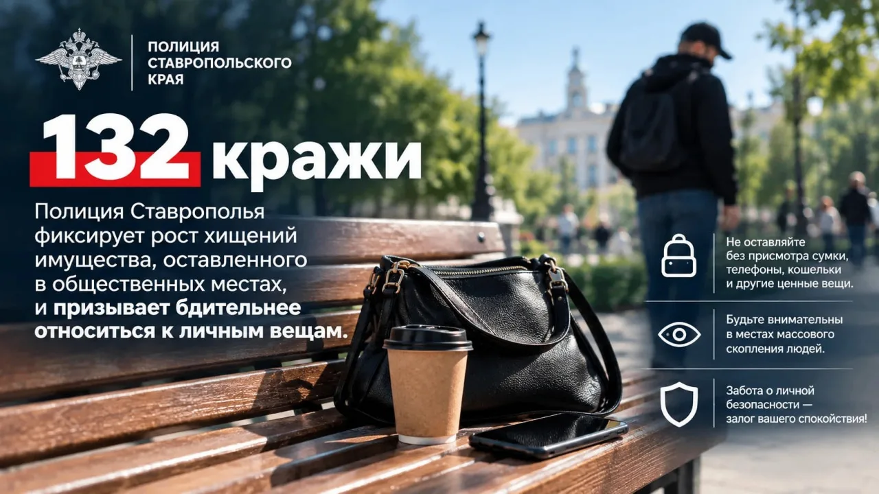 ❗️132 кражи: полиция Ставрополья фиксирует рост хищений имущества, оставленного в общес...