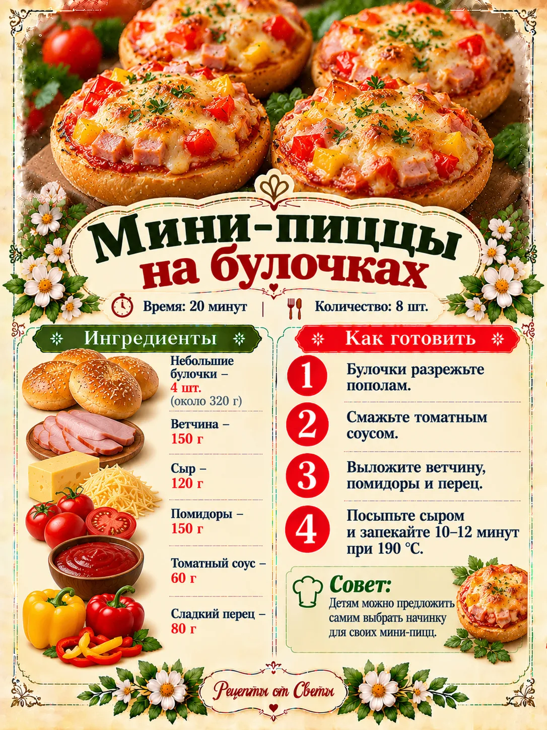 🍕 Мини-пиццы на булочках, которые исчезают с тарелки быстрее, чем успевают остыть!
