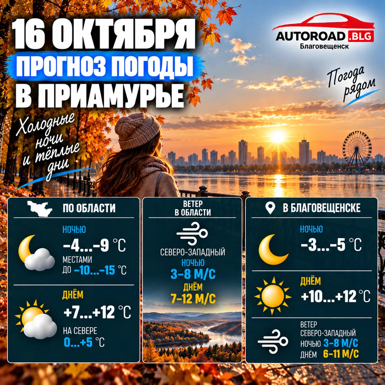 Ночные морозы до −15 °С и потепление днём: прогноз погоды в Приамурье на 16 октября
