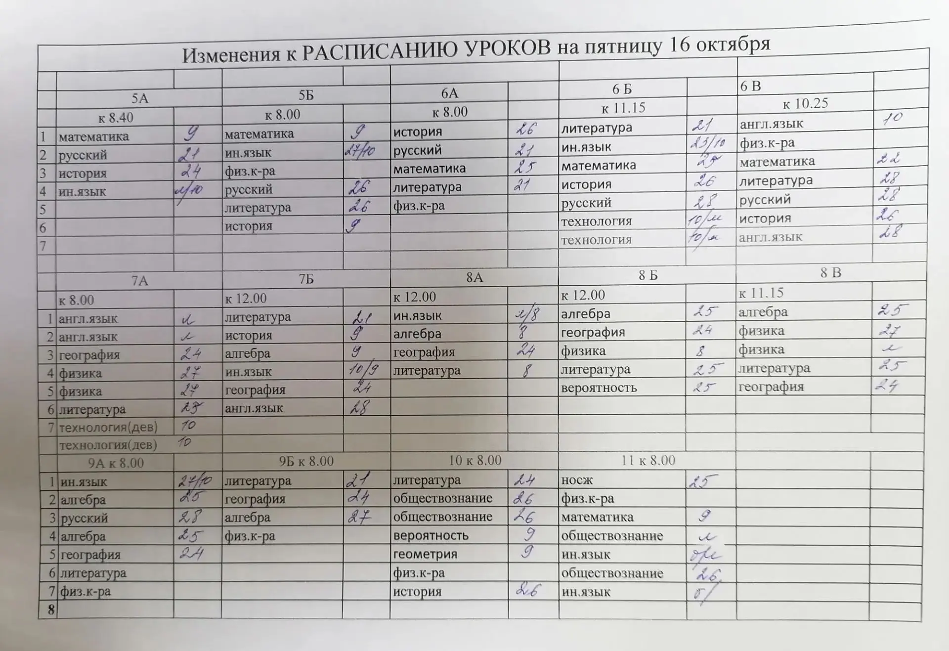 Расписание уроков на 16 октября