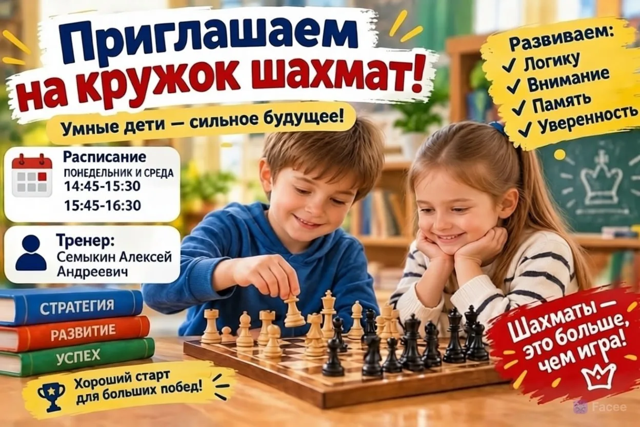 ♟ Приглашаем юных интеллектуалов 1-4 классов на кружок по шахматам!