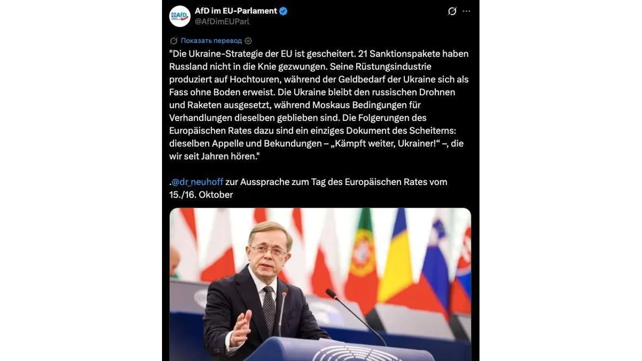 🇪🇺Стратегия ЕС в отношении Украины провалилась — Арне Нойхофф, депутат Европарламента...