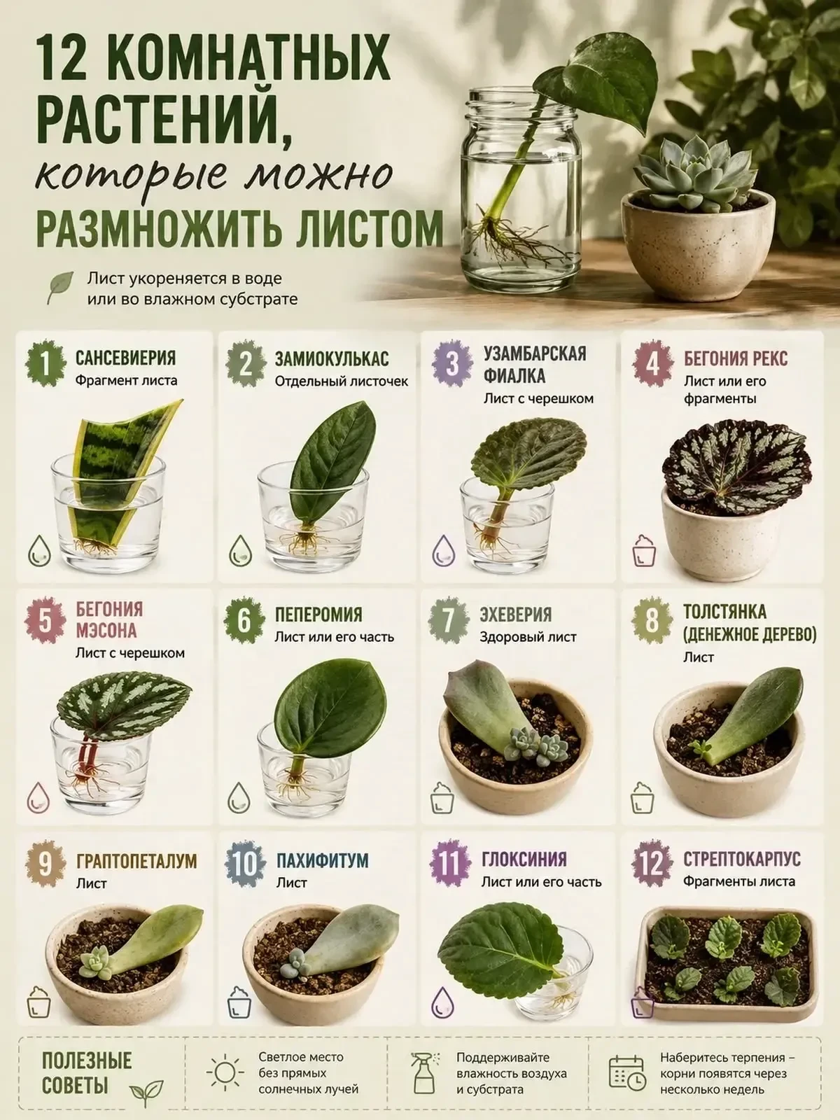 🌿Шпаргалка: 12 комнатных растений, которые можно размножить листом