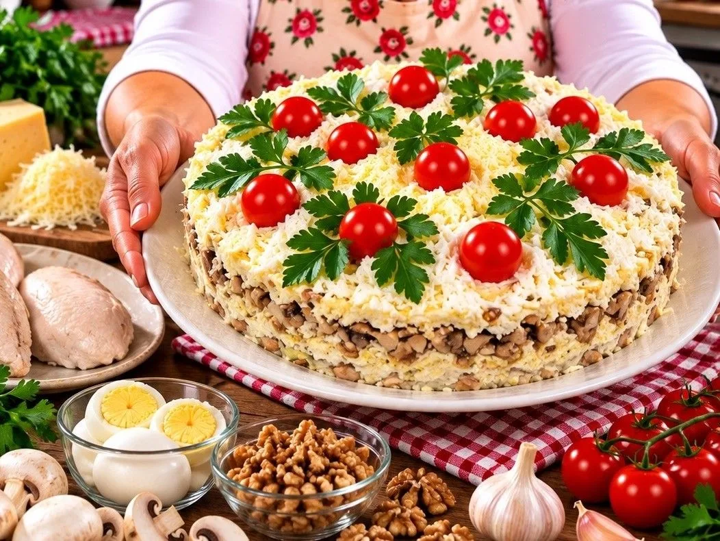 Очень вкусный, сытный и красивый салат, который отлично смотрится на праздничном столе!