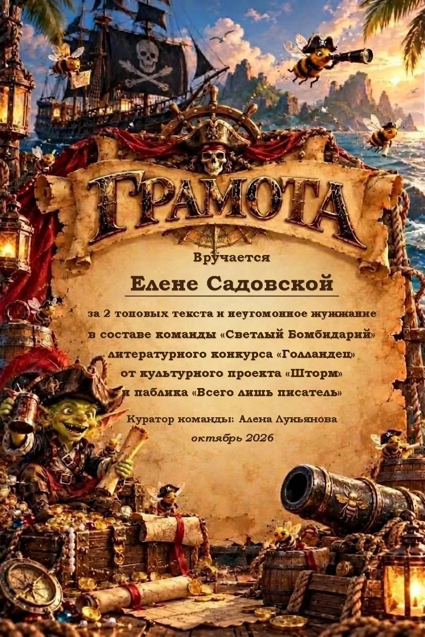 «Есть грамота с конкурса „Голландец“! Два моих текста отметили — приятно. Спасибо коман...
