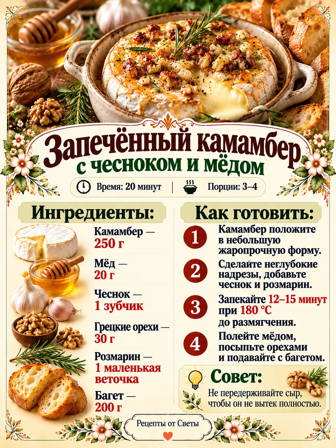 🧀 Запечённый камамбер с чесноком и мёдом, в который так и хочется макнуть кусочек хрус...