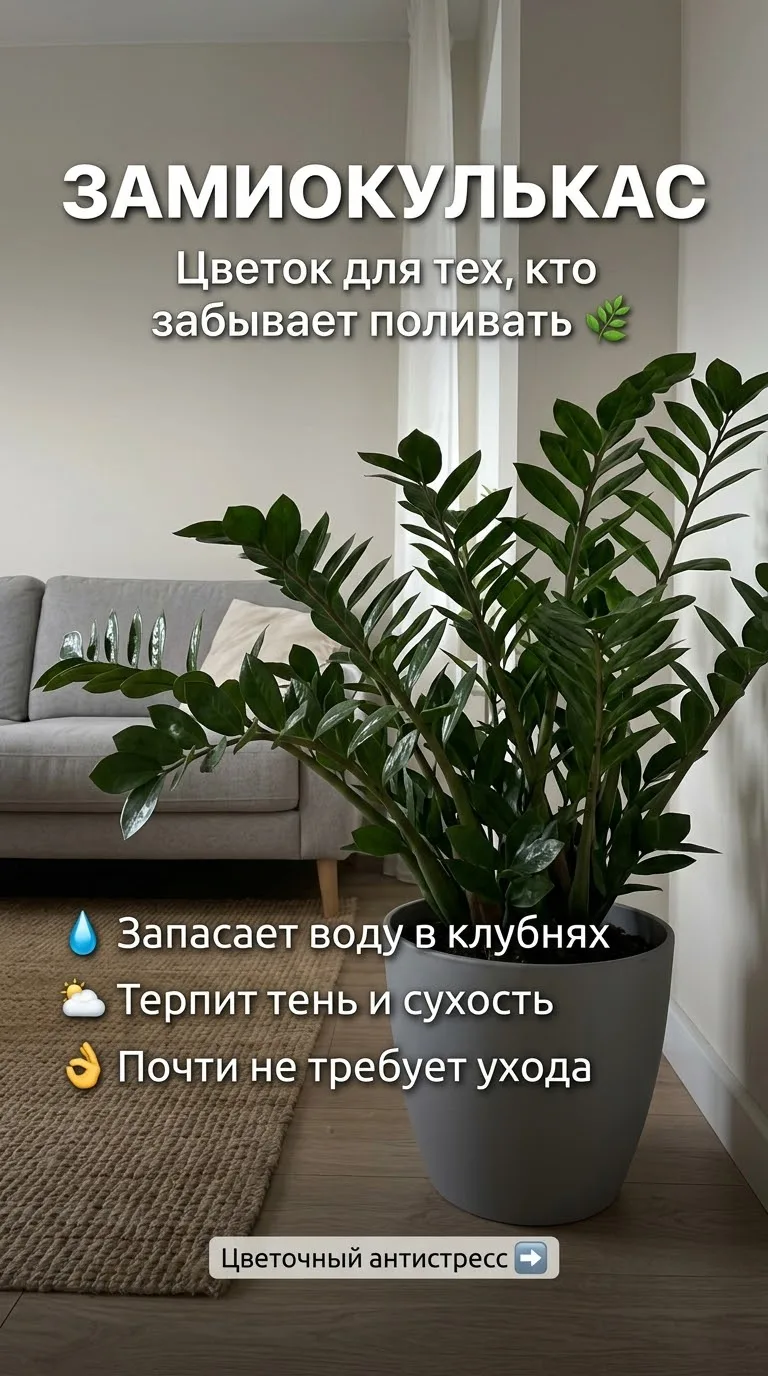 🌿Замиокулькас — цветок для тех, кто забывает поливать