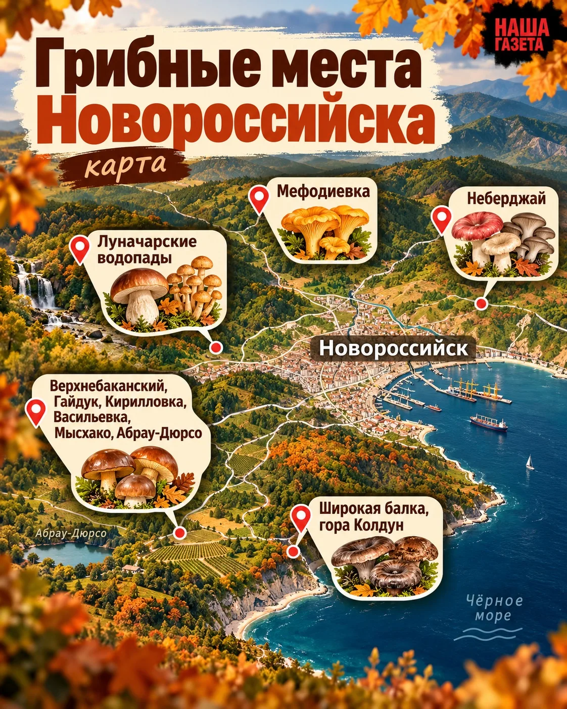 Куда поехать на «тихую охоту»: карта грибных мест в Новороссийске и окрестностях