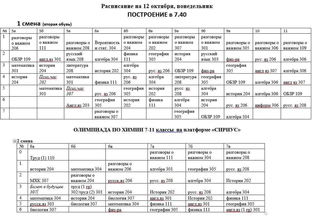 ИЗМЕНЕНИЯ В РАСПИСАНИИ на 12 октября