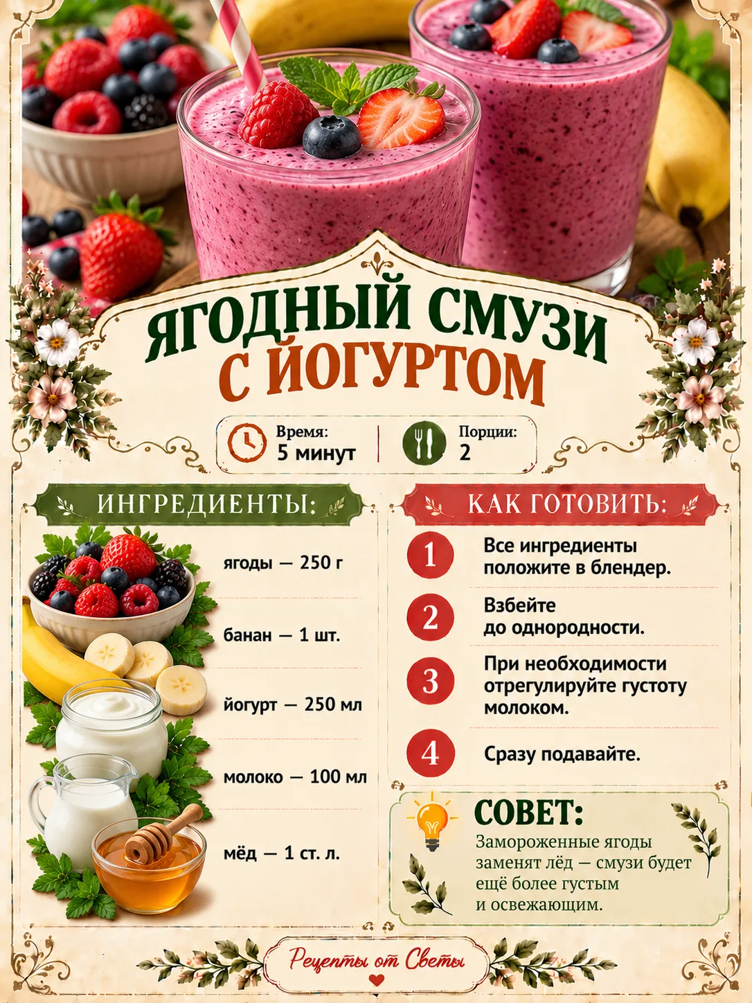 🫐 Горсть ягод, немного йогурта и блендер: яркий перекус готов за считаные минуты!