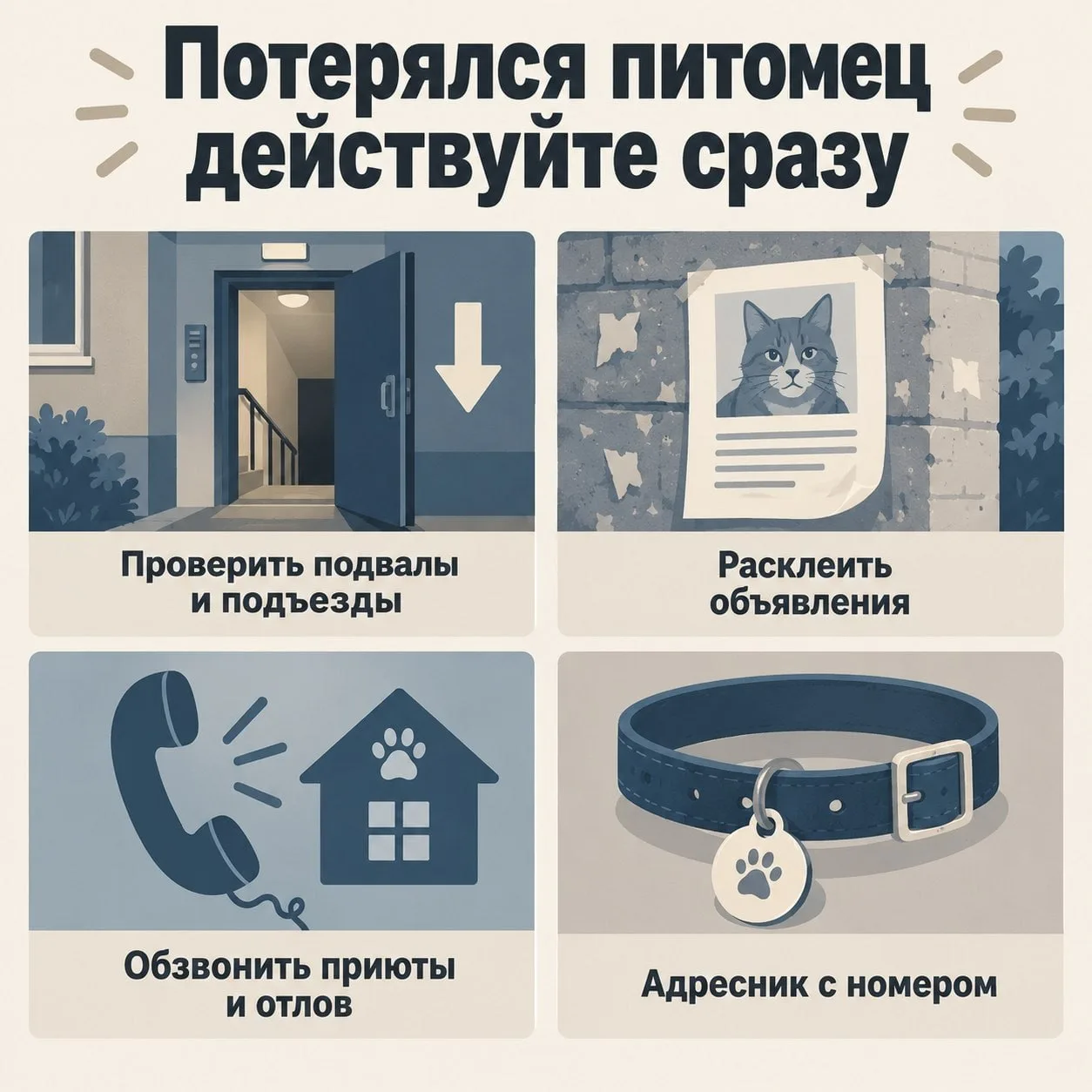 Когда питомец пропал, решают первые часы: ждать, что он вернётся сам, не стоит.