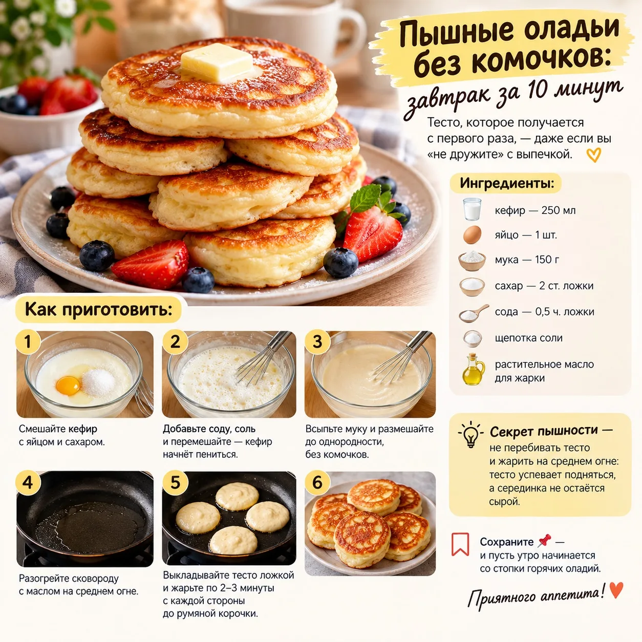 🥞 Пышные оладьи без комочков: завтрак за 10 минут
