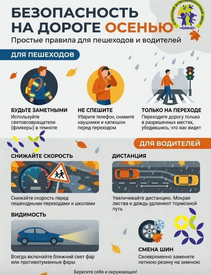 🍂 Осенние дни — время особой бдительности на дороге!